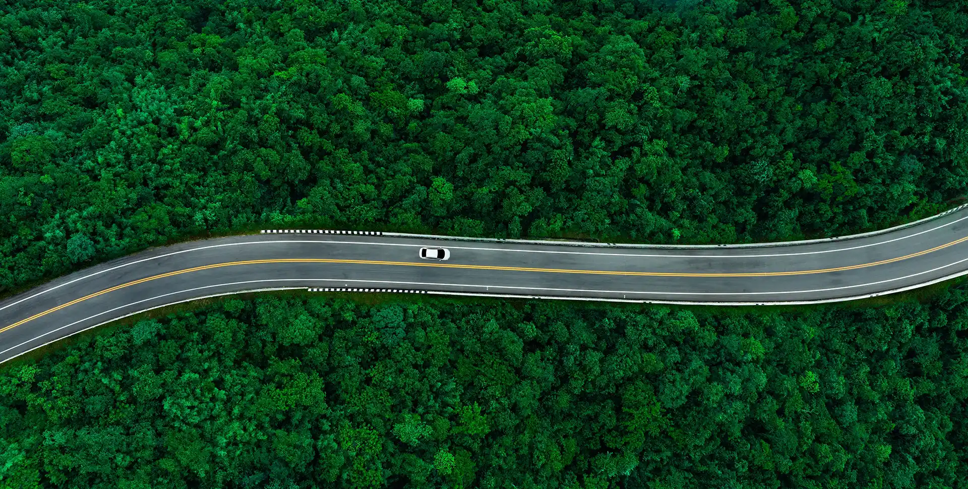 A white car driving along a winding two-lane road surrounded by dense green forest, viewed from above.