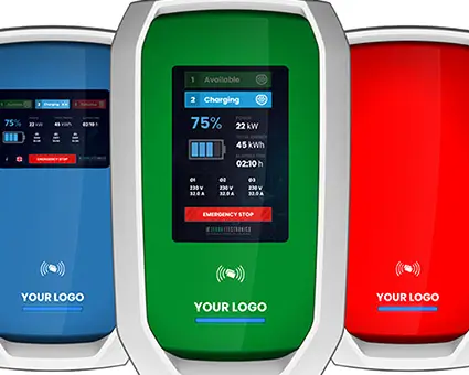 Three electric vehicle charging units with curved white frames and colored panels—blue, green, and red—each featuring a digital display showing charging status and a placeholder logo at the bottom.