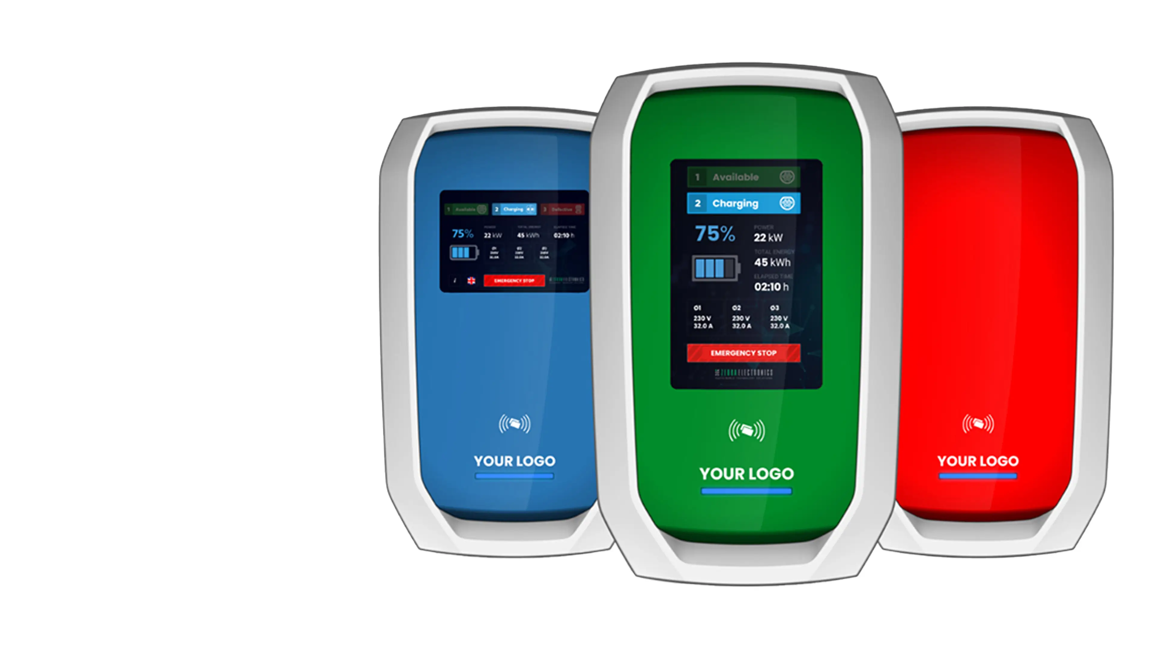 Three electric vehicle charging units with curved white frames and colored panels—blue, green, and red—each featuring a digital display showing charging status and a placeholder logo at the bottom.