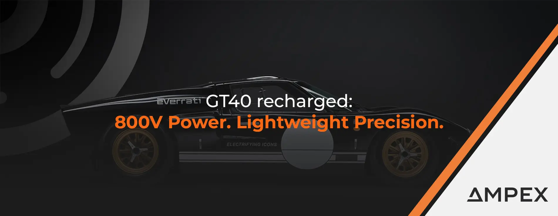 A black Everrati electric sports car in side profile against a dark background, featuring gold wheels, white circular decals on the doors, and the text “Electrifying Icons” along the lower body.