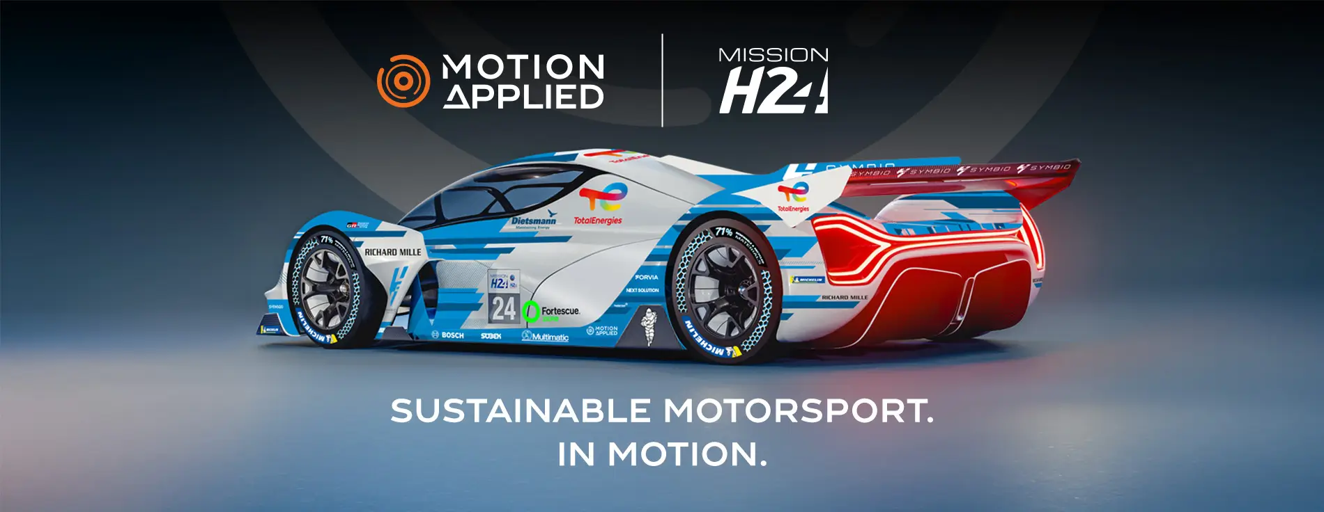 A sleek blue and white hydrogen-powered race car with aerodynamic design and sponsor logos is shown from the side on a glossy surface.