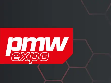 A large “pmw expo” logo in bold white and red. Hexagonal outlines are faintly visible in the background.