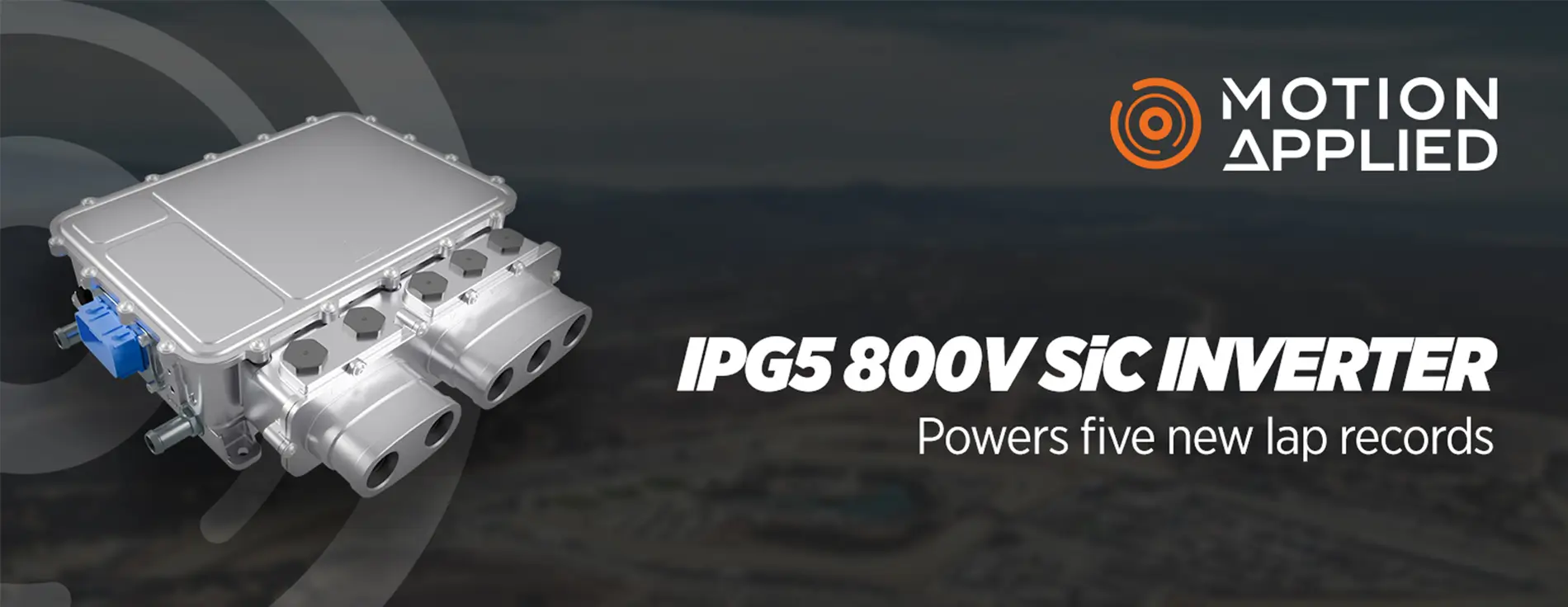 A silver IPG5 automotive inverter with multiple ports and a blue connector is displayed on the left against a dark background with circular graphic accents.