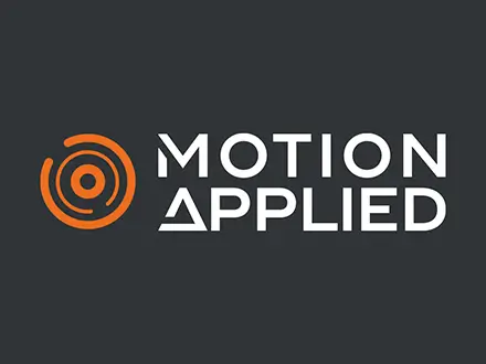 Logo with an orange circular design on the left and the words “MOTION APPLIED” in bold white uppercase letters on a dark gray background.