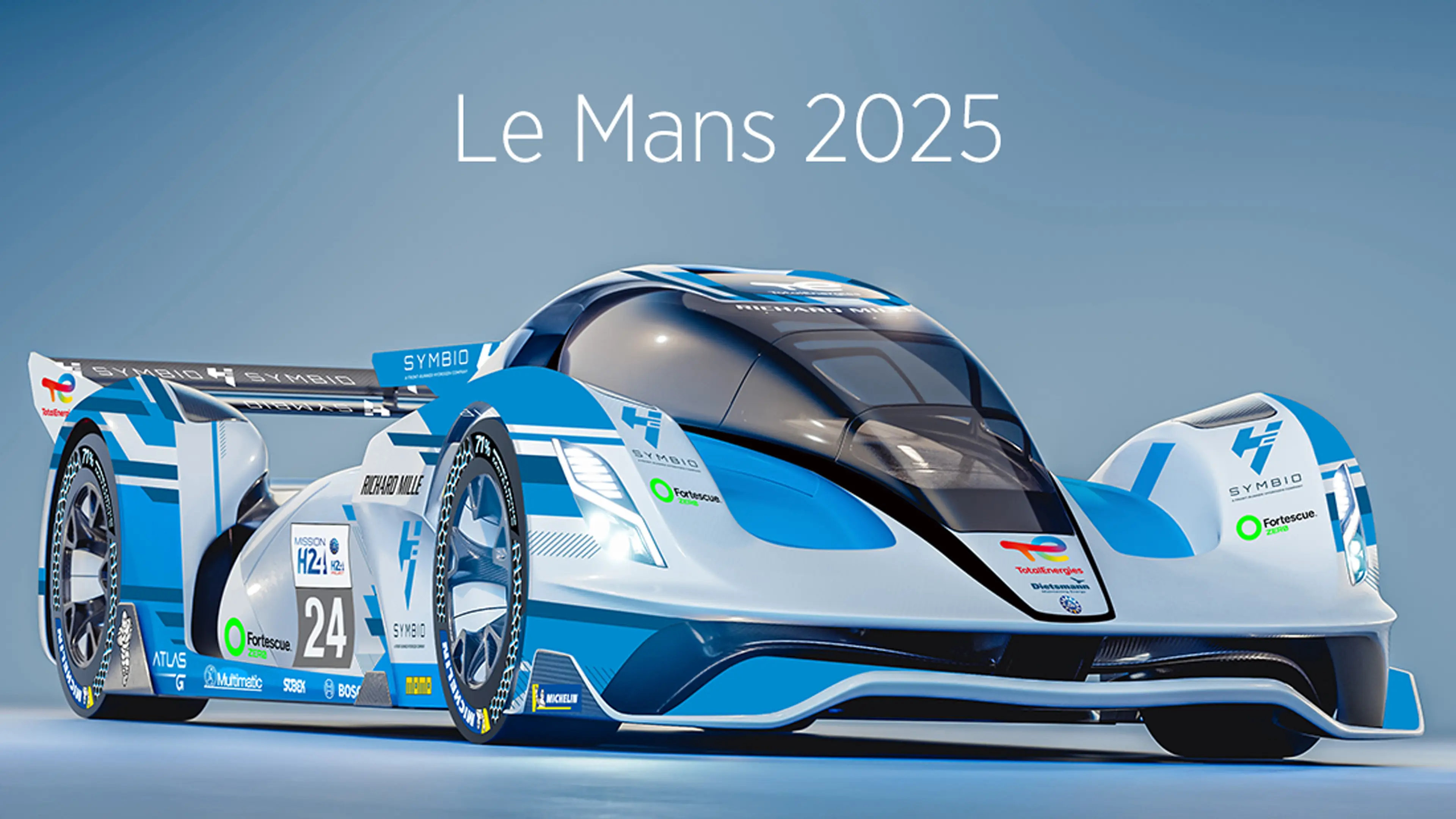 A futuristic blue and white H24 race car with aerodynamic design and sponsor logos displayed on its body, positioned on a glossy surface under bright lighting. The text “Le Mans 2025” appears above the car against a gradient blue background.