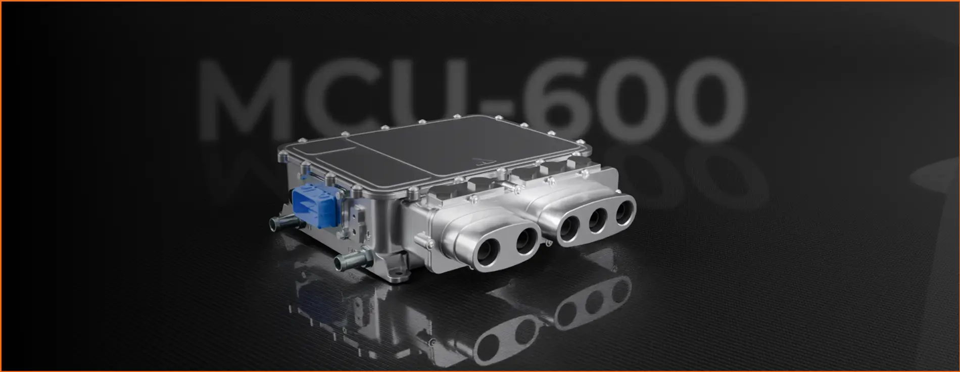 MCU‑600 motor control unit shown on a dark reflective surface, featuring a compact metal housing with multiple circular high‑power connectors and an attached blue electrical connector.