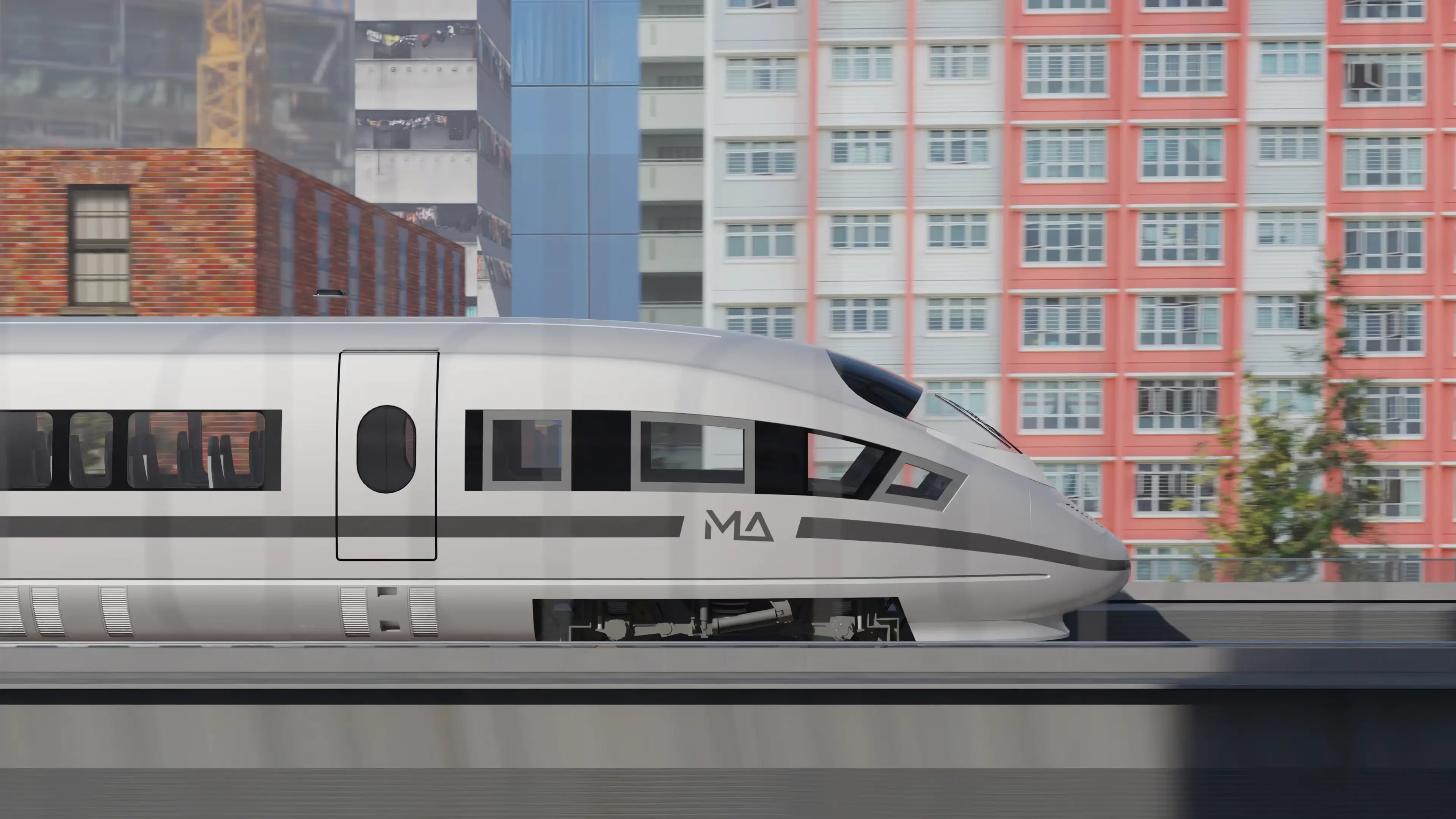 Modern high‑speed passenger train traveling on an elevated track through an urban area, with residential buildings visible in the background.