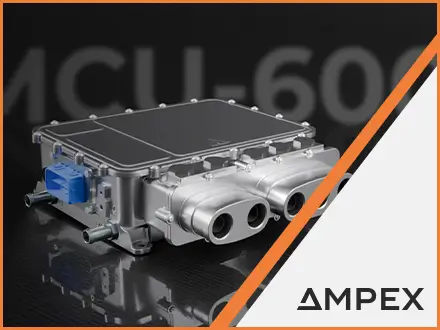 MCU‑600 motor control unit shown on a dark reflective surface, featuring a compact metal housing with multiple circular high‑power connectors and an attached blue electrical connector.