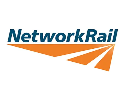 The Network Rail logo in blue text over three orange shapes closing to a point on the right