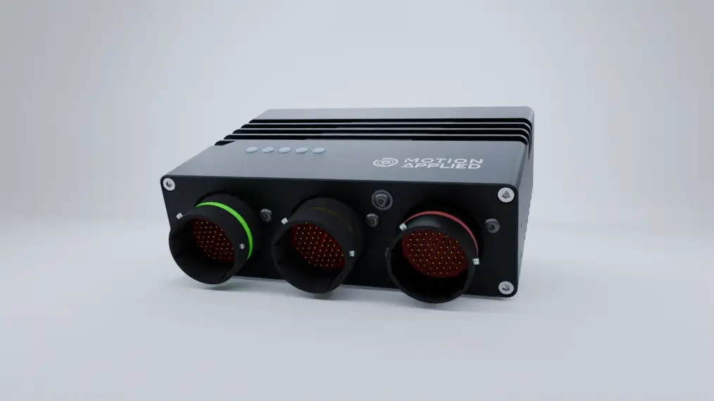 Motion Applied electronic control unit with three circular multi‑pin front connectors marked with green, yellow, and red rings, shown on a light grey background with the Motion Applied logo on the top casing.