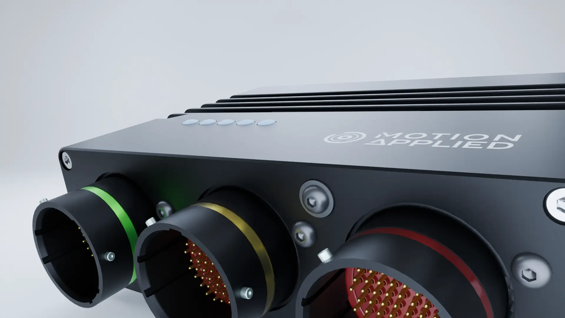 Motion Applied electronic control unit with three circular multi‑pin front connectors marked with green, yellow, and red rings, shown on a light grey background with the Motion Applied logo on the top casing.