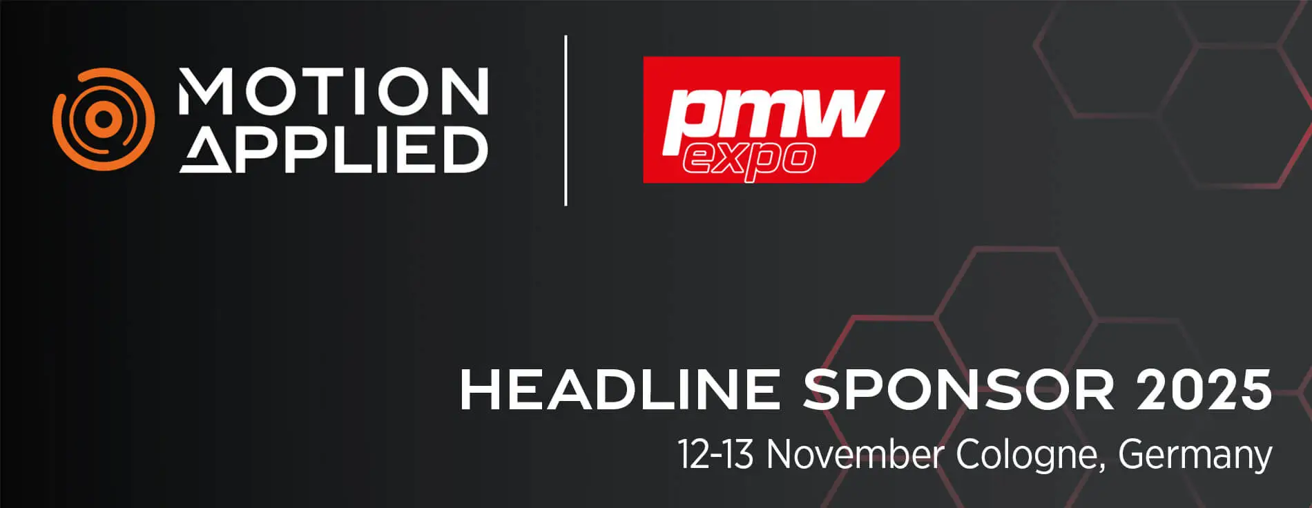 Red ‘pmw expo’ logo displayed on a dark background with a subtle hexagonal pattern.