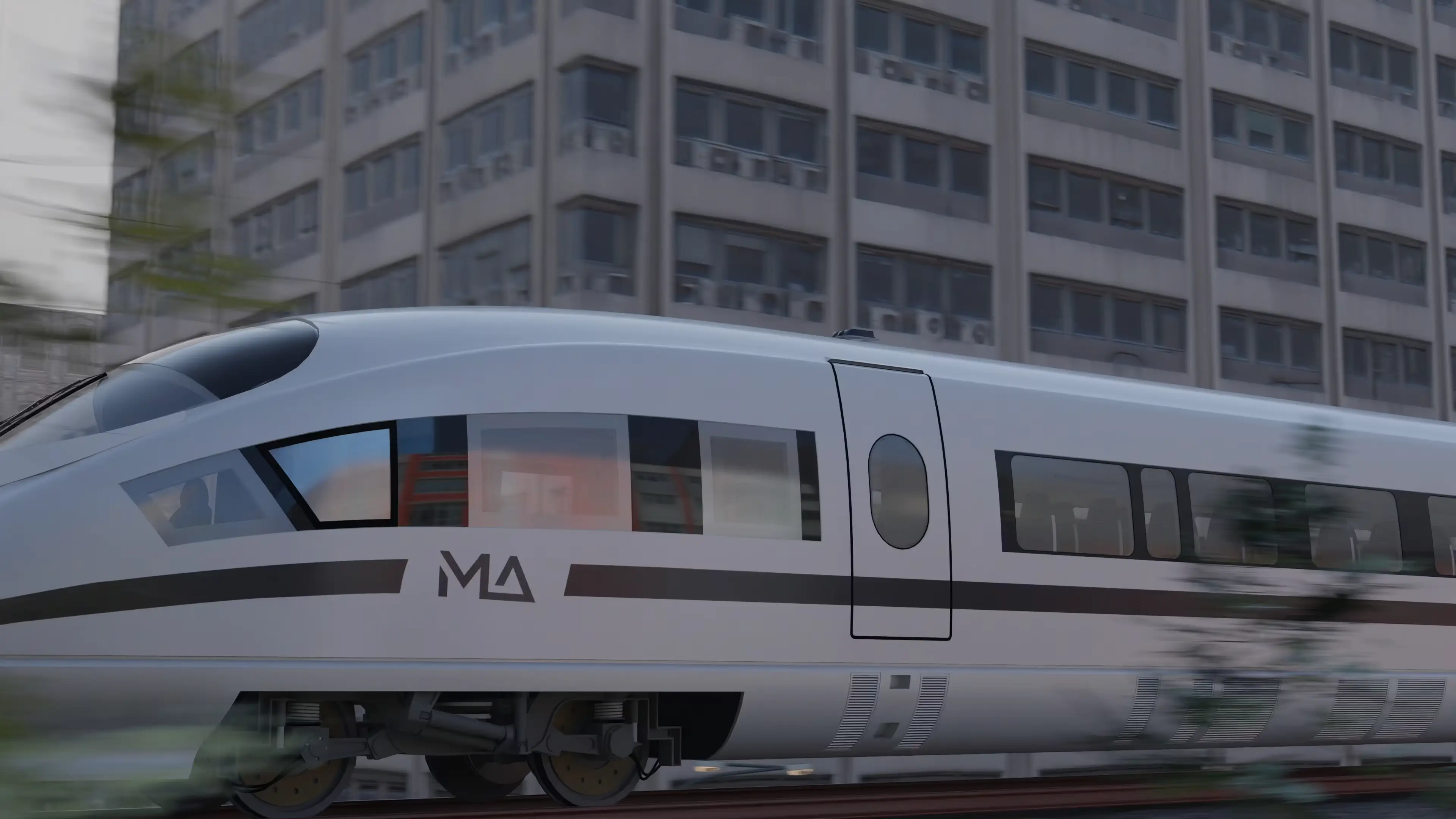 Modern high‑speed passenger train traveling through an urban area, shown in motion with buildings visible in the background.